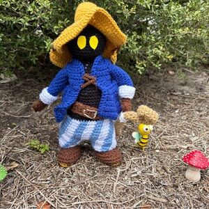 Handmade Crochet Fantasy Doll in Yellow Hat and Blue Jacket